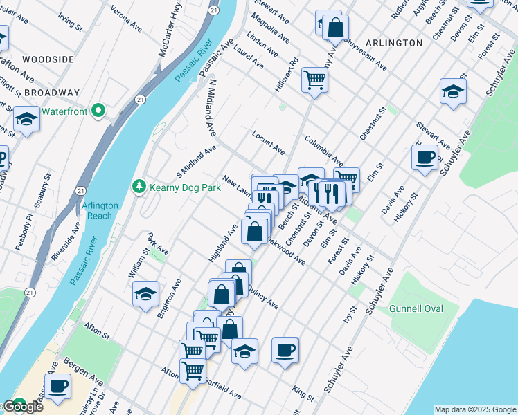 map of restaurants, bars, coffee shops, grocery stores, and more near 61 New Lawn Avenue in Kearny