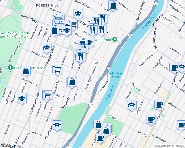map of restaurants, bars, coffee shops, grocery stores, and more near 16 Seabury Street in Newark