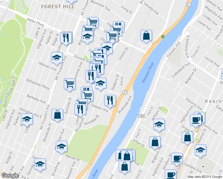 map of restaurants, bars, coffee shops, grocery stores, and more near 16 Seabury Street in Newark
