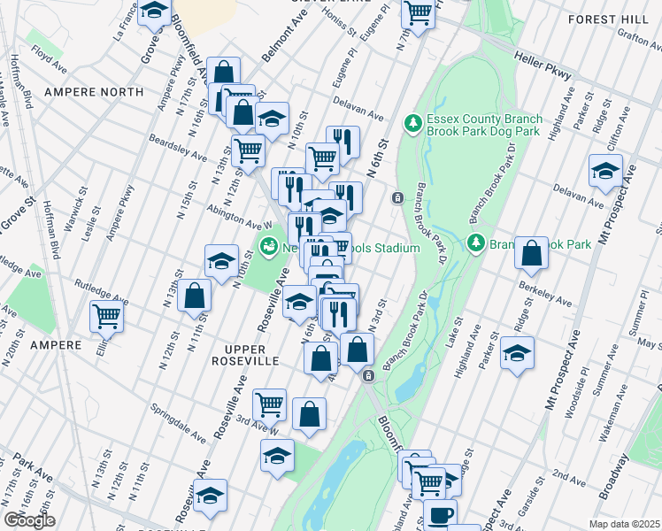 map of restaurants, bars, coffee shops, grocery stores, and more near 203 Abington Avenue in Newark