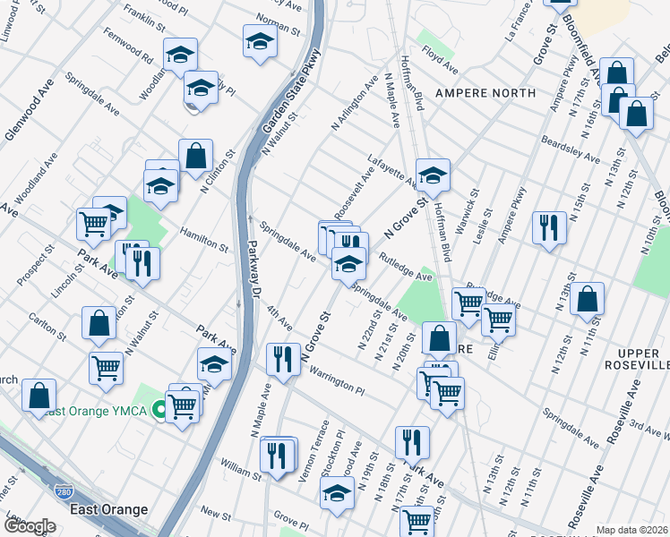 map of restaurants, bars, coffee shops, grocery stores, and more near 242 Springdale Avenue in East Orange