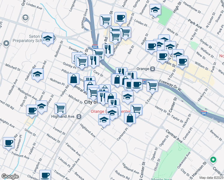 map of restaurants, bars, coffee shops, grocery stores, and more near 485 Codner Street in City of Orange