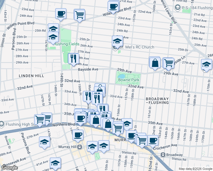 map of restaurants, bars, coffee shops, grocery stores, and more near 153-16 32nd Avenue in Queens