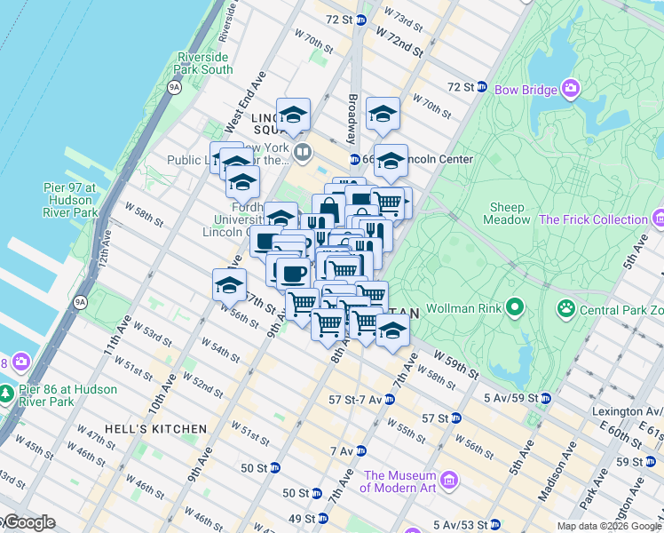 map of restaurants, bars, coffee shops, grocery stores, and more near 24 West 61st Street in New York