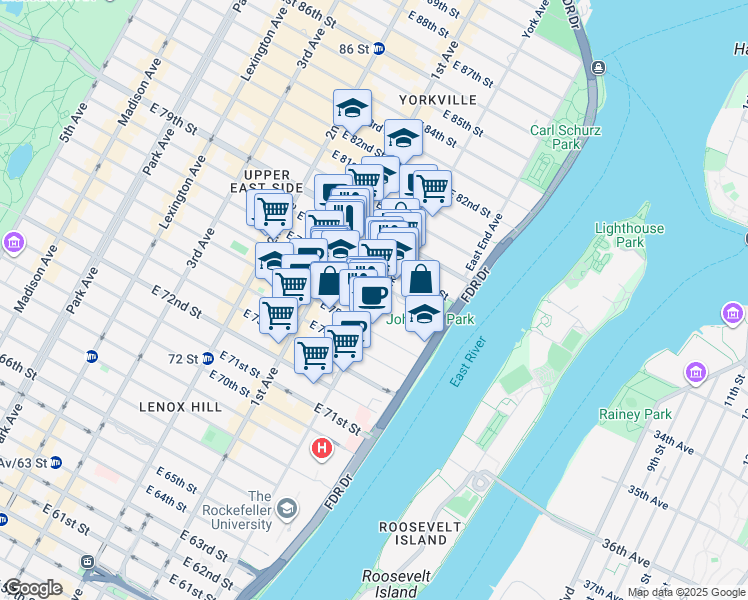 map of restaurants, bars, coffee shops, grocery stores, and more near 1435 York Avenue in New York