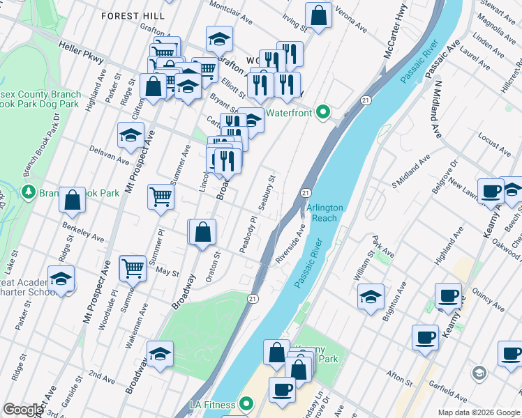 map of restaurants, bars, coffee shops, grocery stores, and more near 16 Seabury Street in Newark