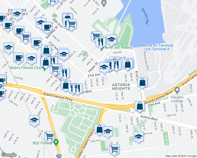 map of restaurants, bars, coffee shops, grocery stores, and more near 21-15 74th Street in Queens