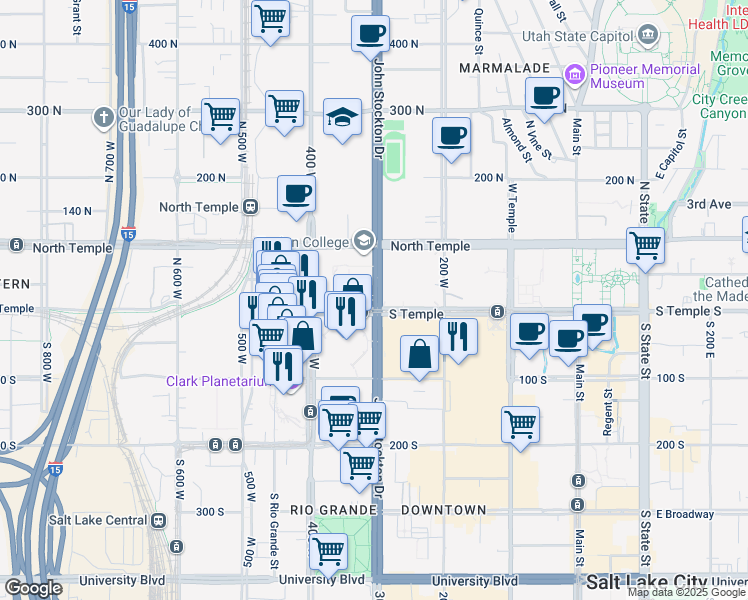 map of restaurants, bars, coffee shops, grocery stores, and more near in Salt Lake City