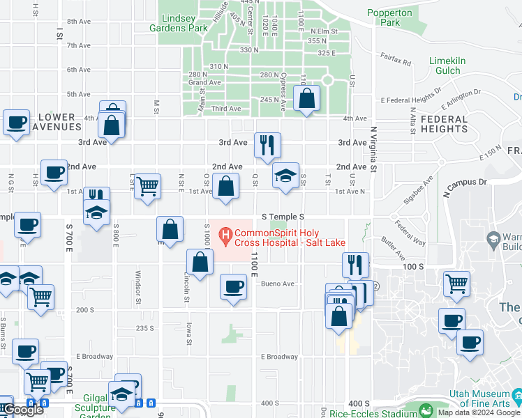 map of restaurants, bars, coffee shops, grocery stores, and more near 1107 South Temple in Salt Lake City