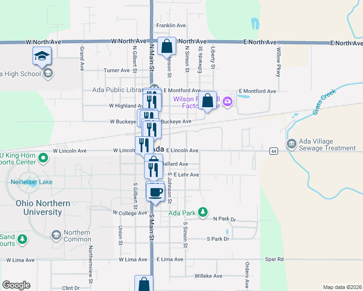 map of restaurants, bars, coffee shops, grocery stores, and more near 302 East Lincoln Avenue in Ada