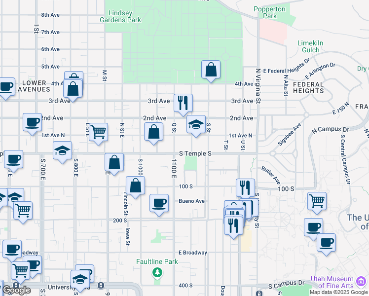 map of restaurants, bars, coffee shops, grocery stores, and more near 1127 East South Temple in Salt Lake City
