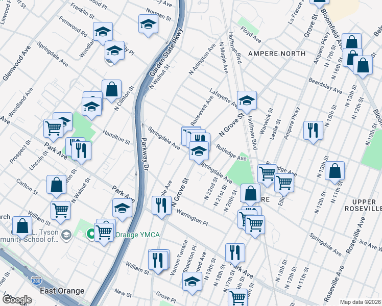 map of restaurants, bars, coffee shops, grocery stores, and more near in East Orange