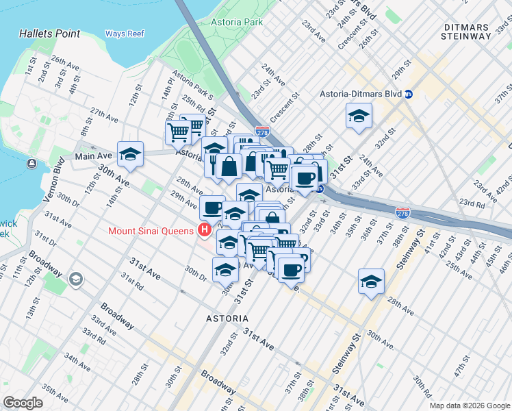map of restaurants, bars, coffee shops, grocery stores, and more near 26-41 28th Street in Queens