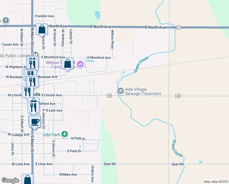 map of restaurants, bars, coffee shops, grocery stores, and more near 3591 County Road 44 in Ada