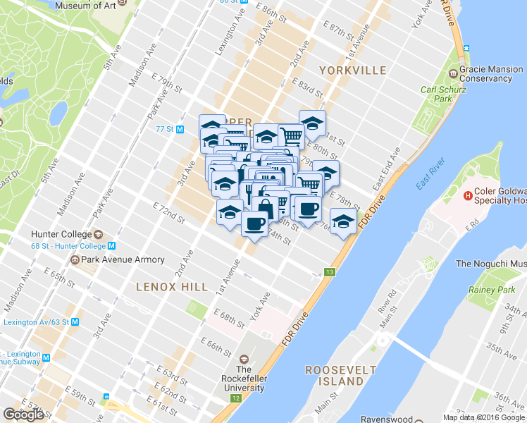 map of restaurants, bars, coffee shops, grocery stores, and more near 1443 1st Avenue in New York
