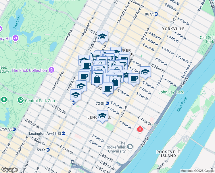 map of restaurants, bars, coffee shops, grocery stores, and more near 220 East 73rd Street in New York