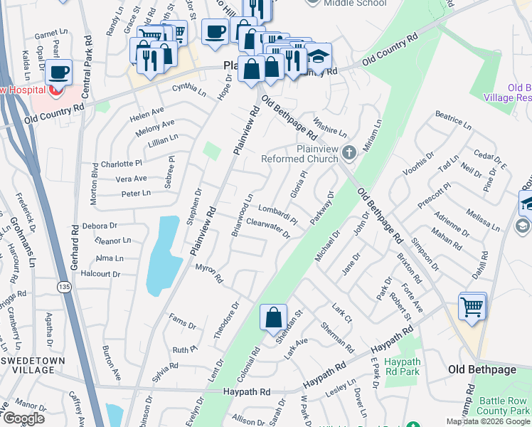 map of restaurants, bars, coffee shops, grocery stores, and more near 15 Lombardi Place in Plainview