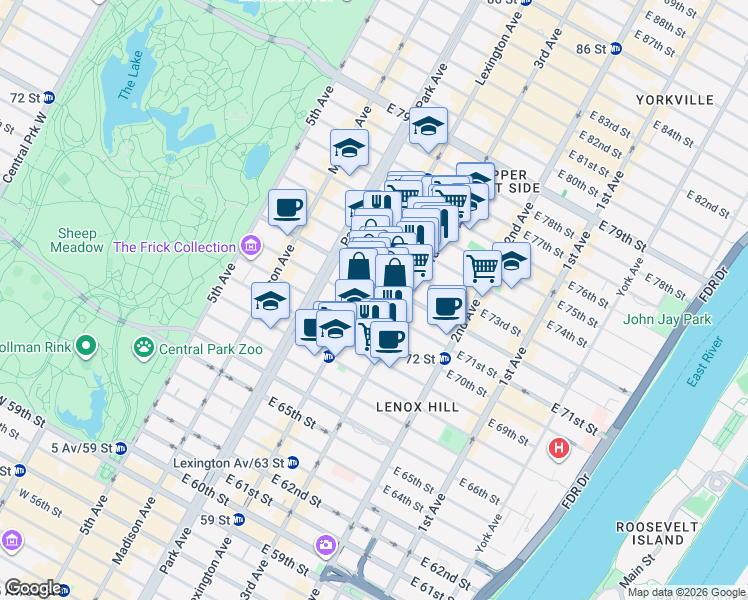 map of restaurants, bars, coffee shops, grocery stores, and more near 158 East 72nd Street in New York