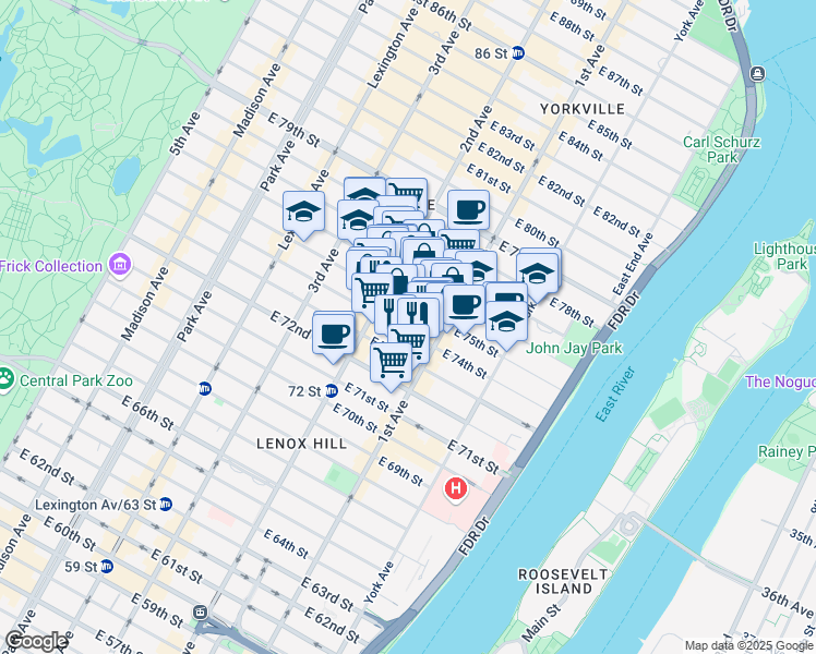 map of restaurants, bars, coffee shops, grocery stores, and more near 335 East 74th Street in New York