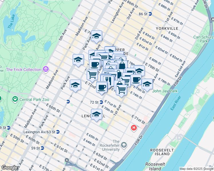 map of restaurants, bars, coffee shops, grocery stores, and more near 241 East 73rd Street in New York