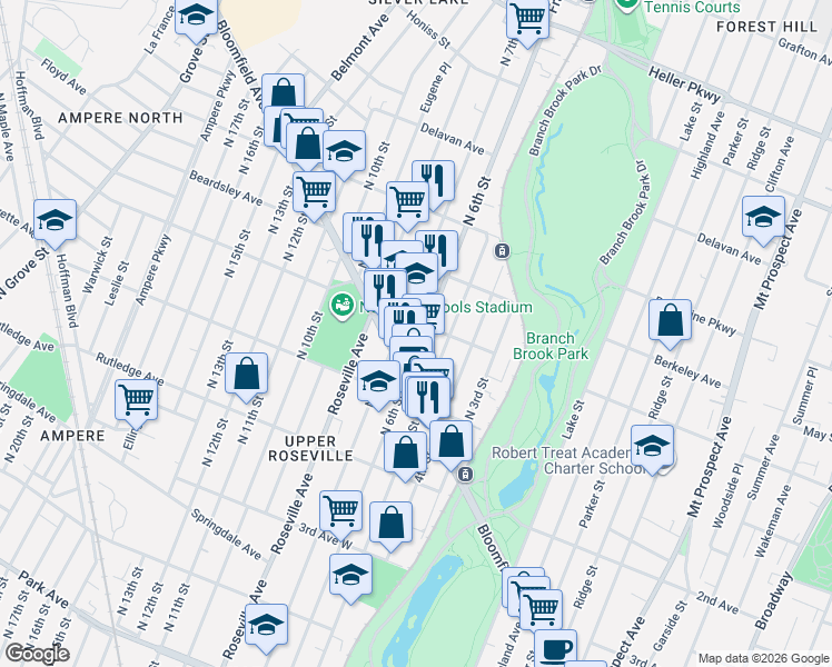 map of restaurants, bars, coffee shops, grocery stores, and more near 203 Abington Avenue in Newark