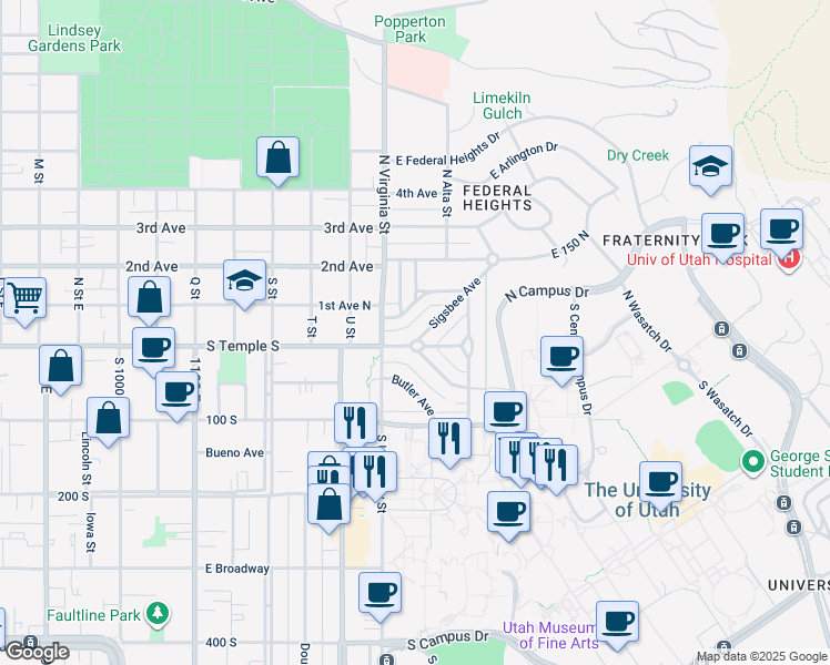 map of restaurants, bars, coffee shops, grocery stores, and more near 1393 East South Temple Street in Salt Lake City