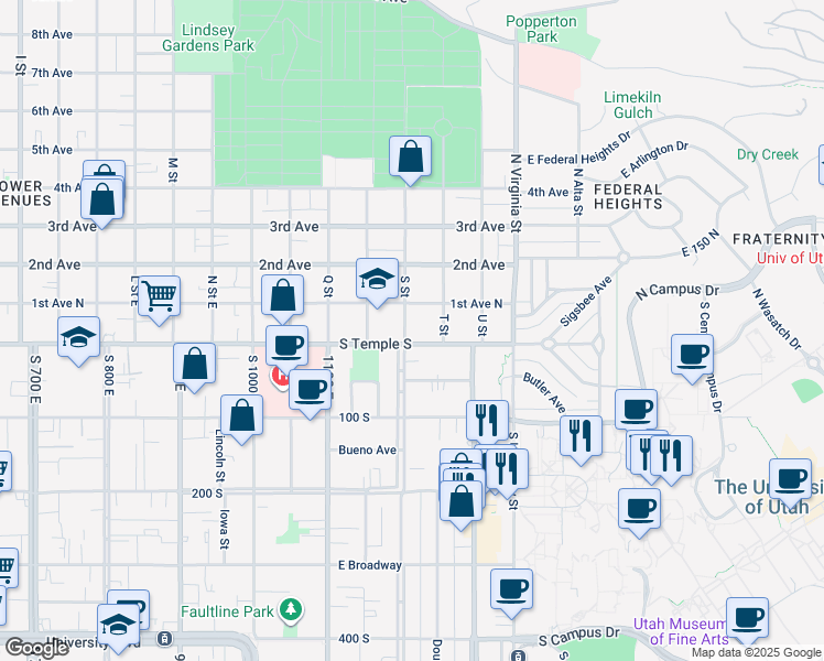 map of restaurants, bars, coffee shops, grocery stores, and more near 1205 East South Temple Street in Salt Lake City