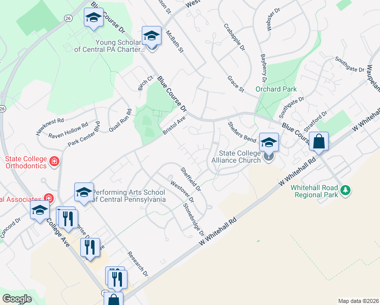 map of restaurants, bars, coffee shops, grocery stores, and more near 719 English Meadows Drive in State College