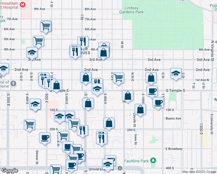 map of restaurants, bars, coffee shops, grocery stores, and more near 24 L Street East in Salt Lake City