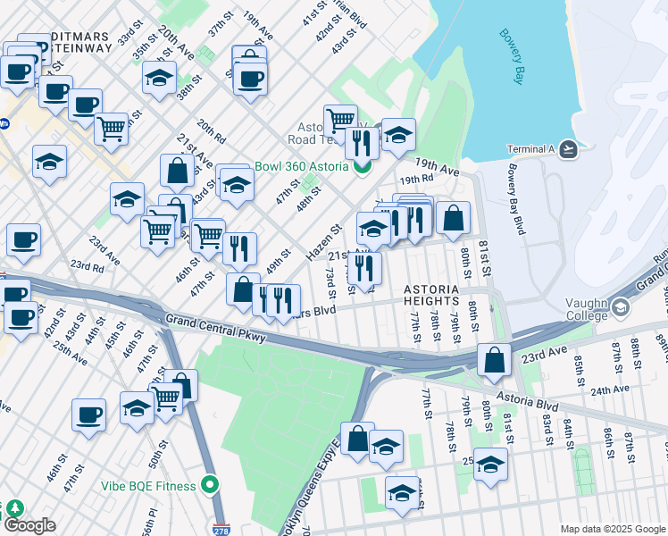 map of restaurants, bars, coffee shops, grocery stores, and more near 21-07 73rd Street in Queens