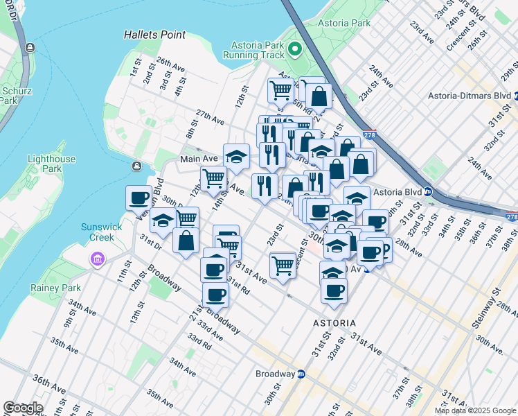 map of restaurants, bars, coffee shops, grocery stores, and more near 14-56 30th Avenue in Queens