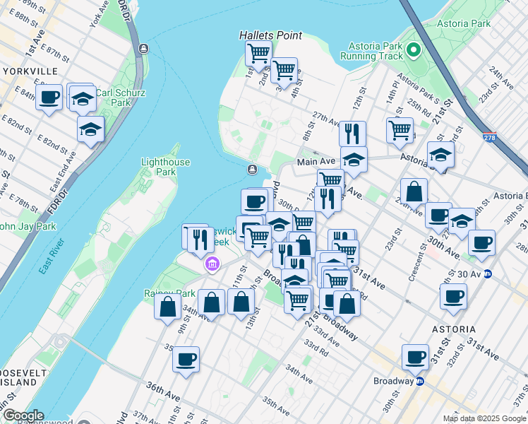 map of restaurants, bars, coffee shops, grocery stores, and more near 3329 Vernon Boulevard in Queens