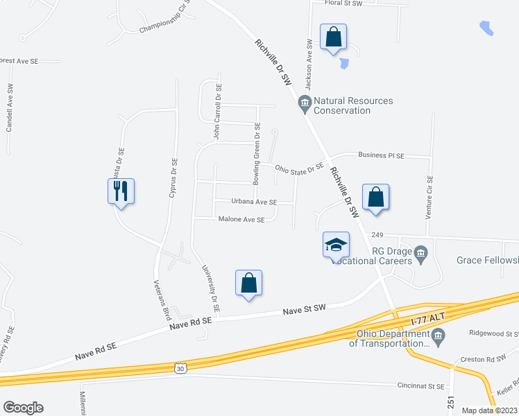 map of restaurants, bars, coffee shops, grocery stores, and more near 2545 Urbana Avenue Southeast in Massillon