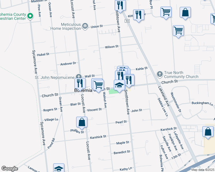 map of restaurants, bars, coffee shops, grocery stores, and more near 915 Church Street in Bohemia
