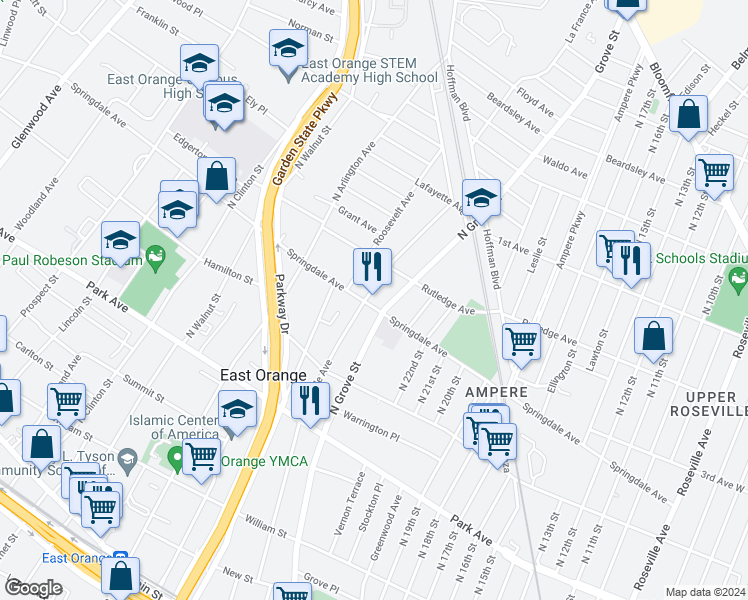 map of restaurants, bars, coffee shops, grocery stores, and more near 232 Springdale Avenue in East Orange