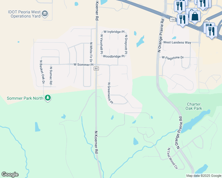 map of restaurants, bars, coffee shops, grocery stores, and more near 5910 Ivyleaf Court in Peoria