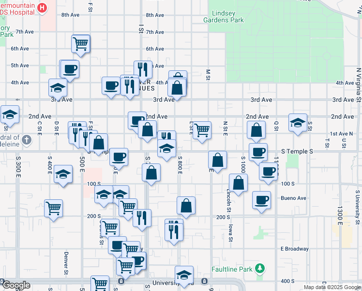 map of restaurants, bars, coffee shops, grocery stores, and more near 777 East South Temple Street in Salt Lake City