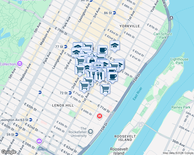 map of restaurants, bars, coffee shops, grocery stores, and more near 1st Avenue & E 75th St in New York