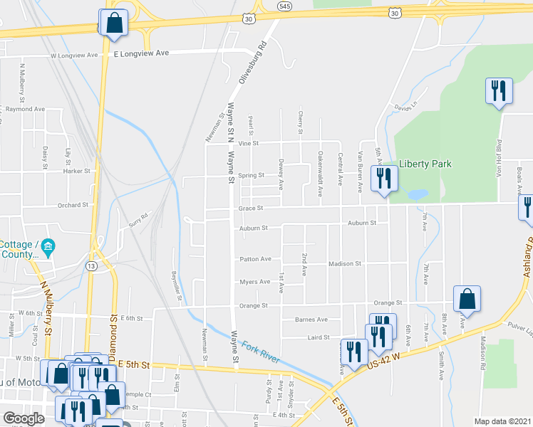 map of restaurants, bars, coffee shops, grocery stores, and more near 294 Grace Street in Mansfield