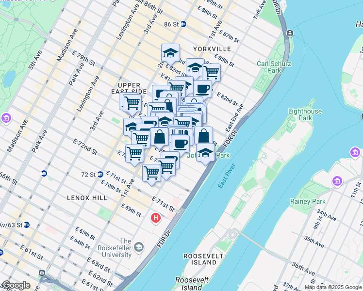 map of restaurants, bars, coffee shops, grocery stores, and more near 1437 York Avenue in New York