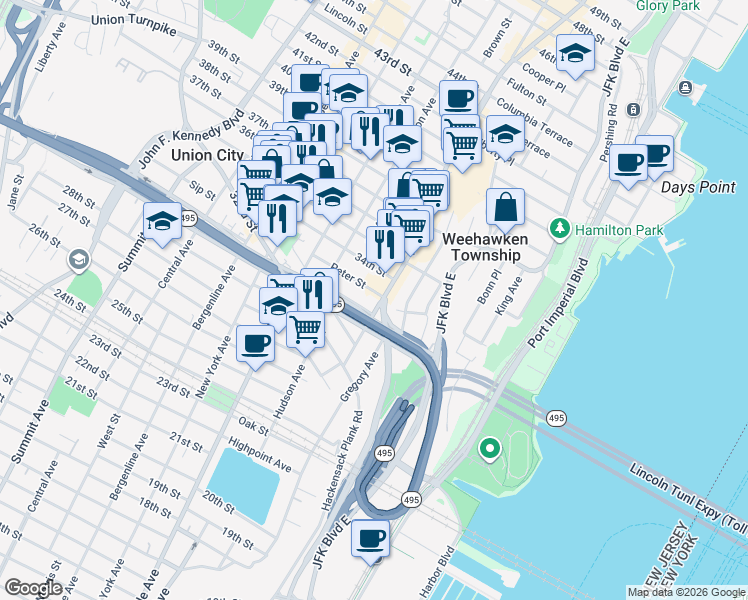 map of restaurants, bars, coffee shops, grocery stores, and more near 3343 Park Avenue in Union City