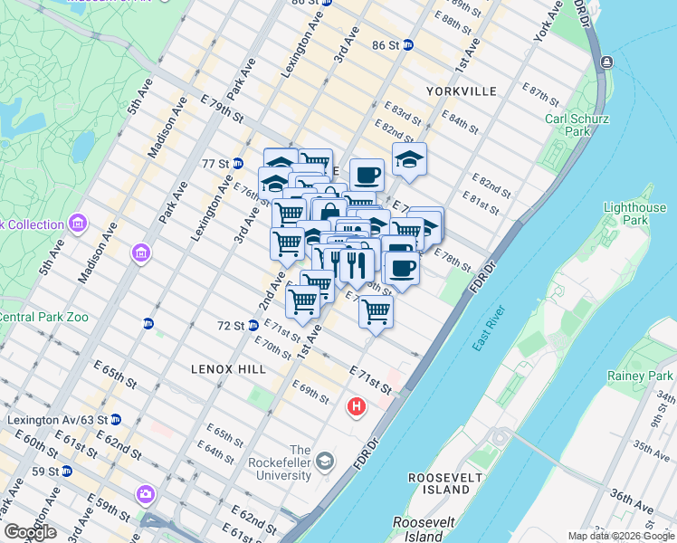 map of restaurants, bars, coffee shops, grocery stores, and more near 330 East 75th Street in New York