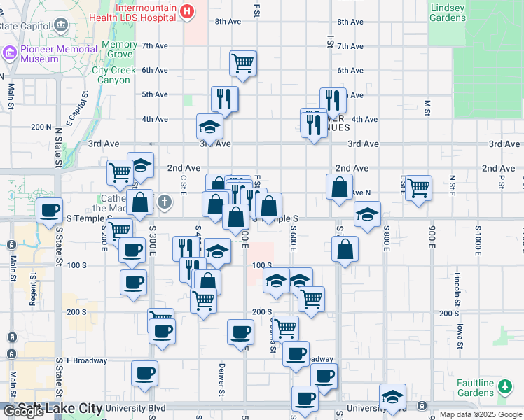 map of restaurants, bars, coffee shops, grocery stores, and more near 30 F Street East in Salt Lake City