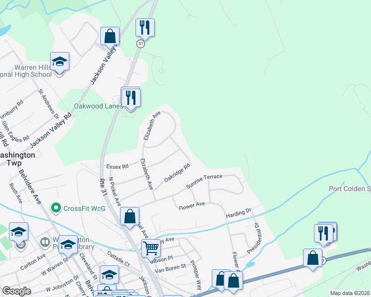 map of restaurants, bars, coffee shops, grocery stores, and more near 30 Oakridge Road in Washington