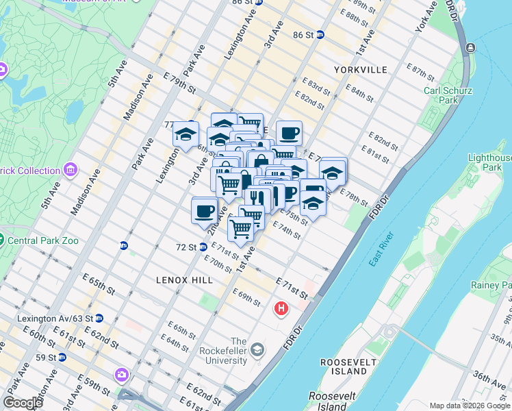 map of restaurants, bars, coffee shops, grocery stores, and more near 310 East 75th Street in New York