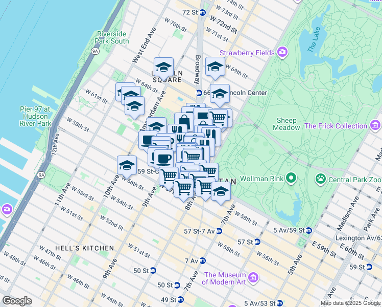 map of restaurants, bars, coffee shops, grocery stores, and more near 24 West 61st Street in New York