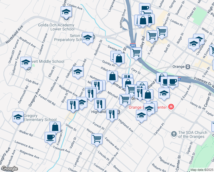 map of restaurants, bars, coffee shops, grocery stores, and more near 527 Valley Road in West Orange