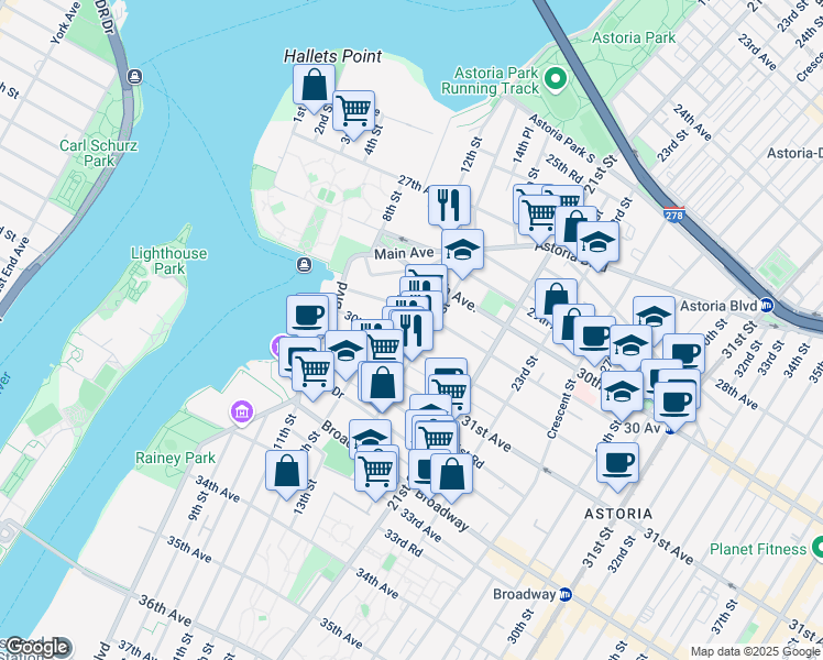 map of restaurants, bars, coffee shops, grocery stores, and more near in Queens