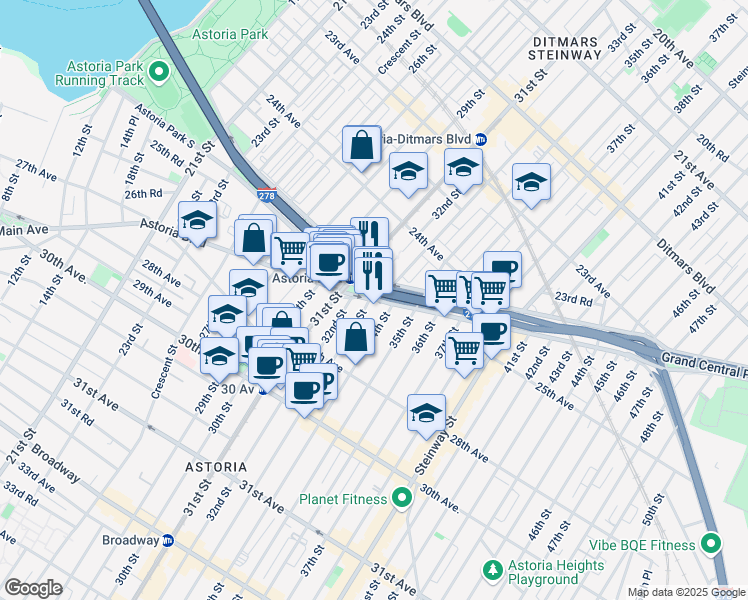 map of restaurants, bars, coffee shops, grocery stores, and more near 1212 Astoria Blvd in Queens