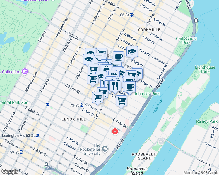 map of restaurants, bars, coffee shops, grocery stores, and more near 1441 1st Avenue in New York